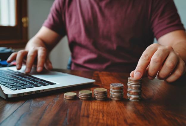 man stacking coins near laptop